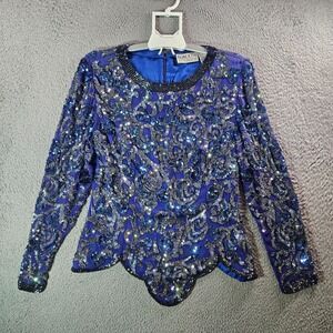 VTG‎ Oleg Cassini Black Tie Top Medium Silk Sequin Embellished Blue